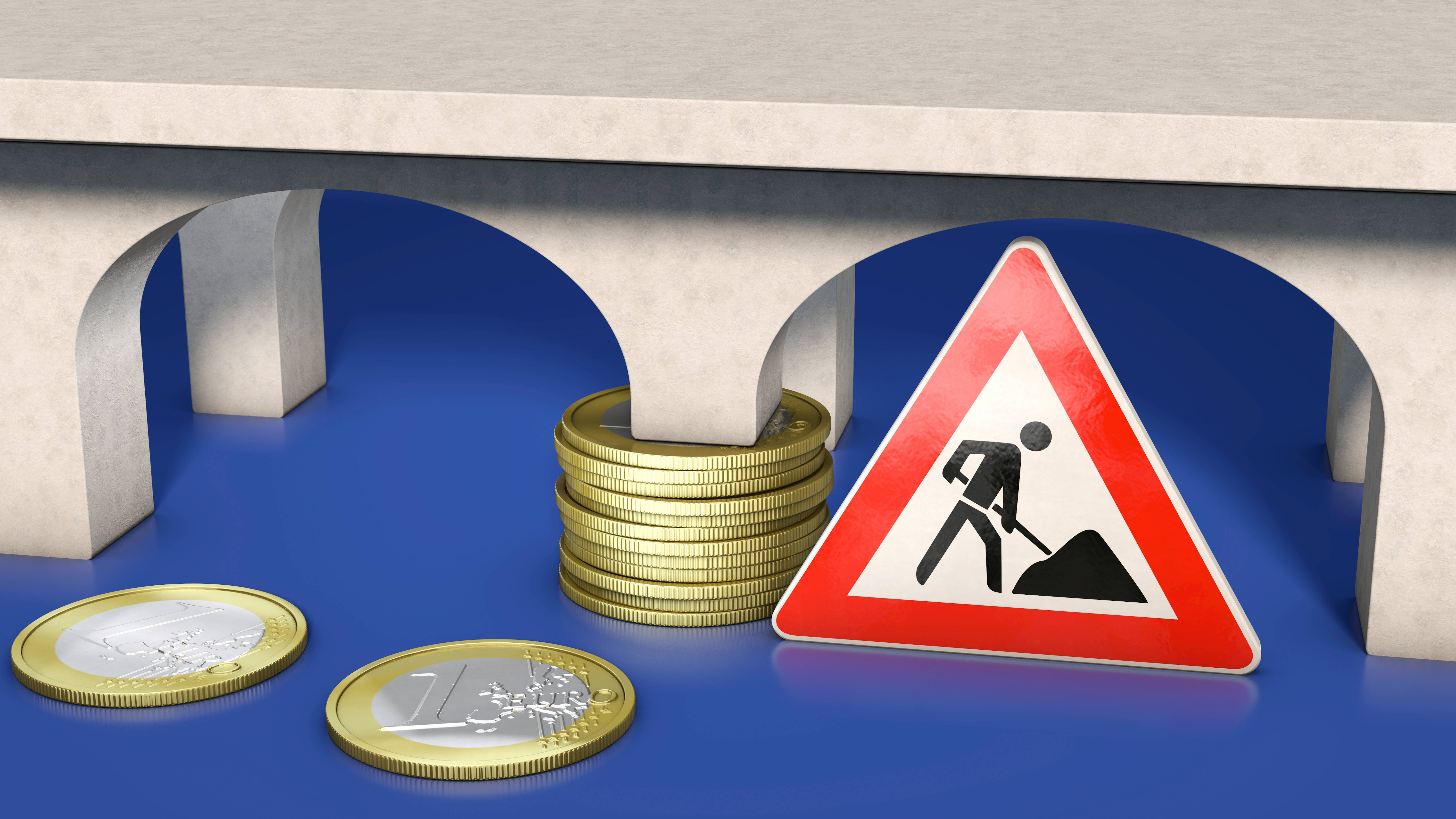 Baustellenschild, Euromünzen und eine symbolische Brücke 